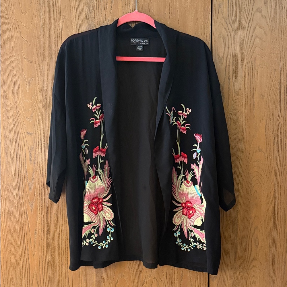 Forever 21 Black Kimono with Floral Embroidery